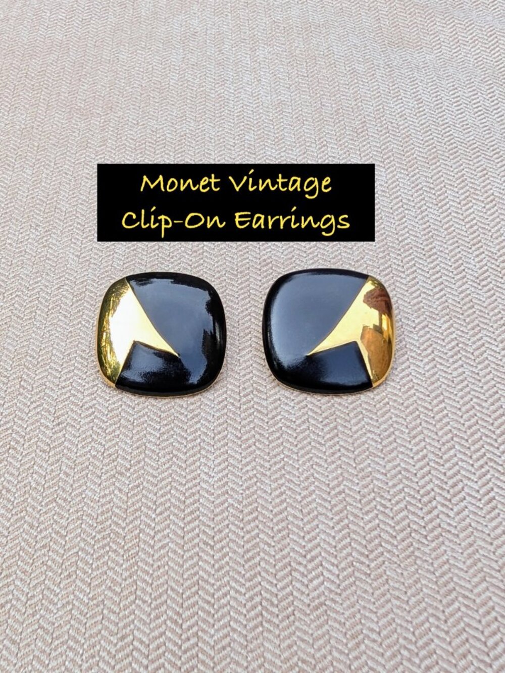 Vintage Monet Black Enamel & Gold Tone Geometric Clip-On Earrings